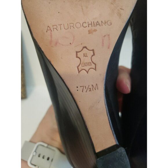 Arturo Chiang Shoes Wedges Womens Leather Navy Peep Toe 7.5 Kitten Heel - Picture 12 of 12